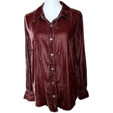 Dear John Womens Velvet Button Down Shirt Mahogany Brown Long Sleeve Size S