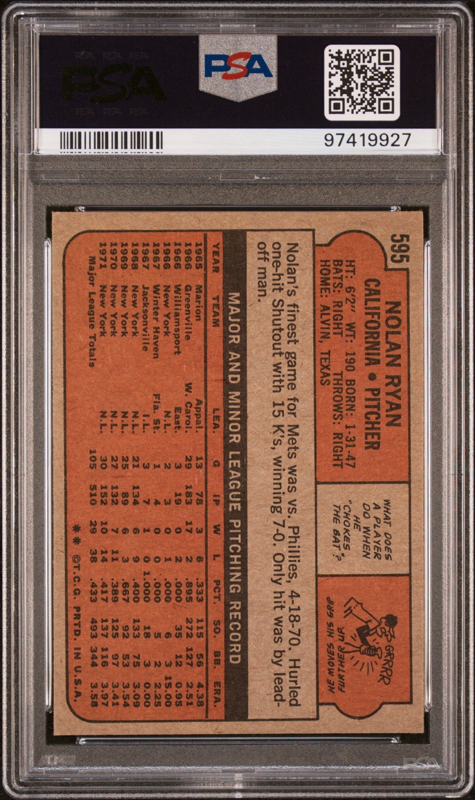 Nolan Ryan 1972 Topps PSA 5 Well Centered view 2
