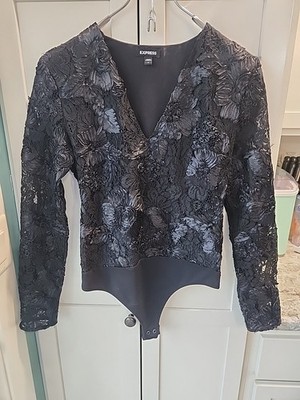 NWOT EXPRESS Black Lace Embroidered V-Neck Long Sleeve Thong Bodysuit Sz S