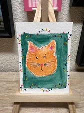 ACEO Original, Abstract Animal Cat, Christmas ACEO, Mini Art Painting