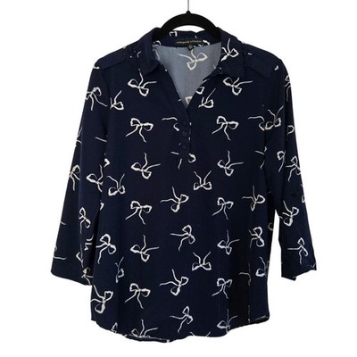 Adrienne Vittadini Navy Blouse White Bow Print 3/4 Sleeve Retro Chic Medium