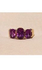 Oval 3 Stone Deep Purple Amethyst Gold 925 Ring Sz 9