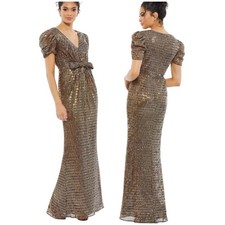 Mac Duggal NWT Brown Bow Waist Cap Sleeve Metallic Gown Bronze Size 4 V-neck