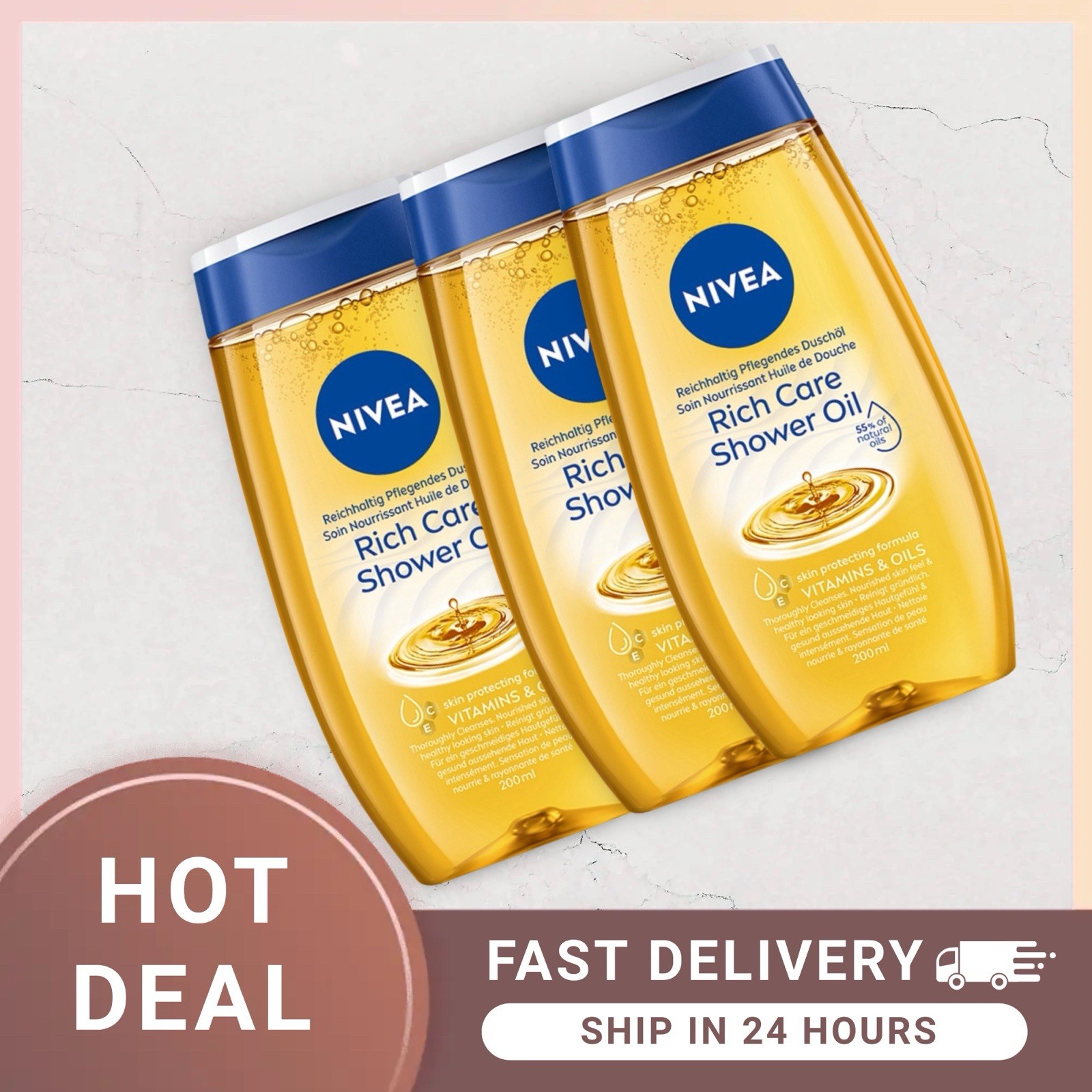 NIVEA Rich Care  Shower Oil with Natural Oils & Vitamin 200 ml-3 Pack