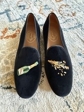 Stubbs & Wootton Black Velvet Slippers, Mens 13, Champagne Popping, Leather Sole