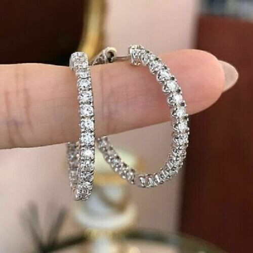1.50Ct Lab Created Round Cut Diamond Huggie Hoop Earrings 14K White Gold Finish - Picture 2 of 4