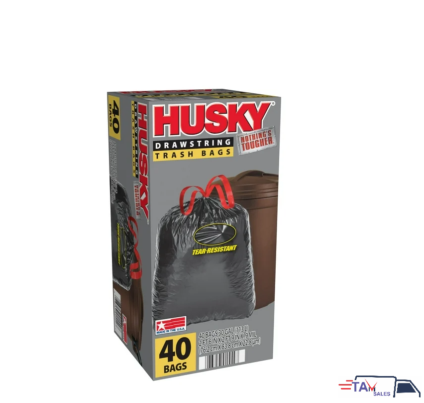 Husky Large Trash Bags, 30 Gallon, 40 Black Bags (Unscented, Drawstring 20% PCR)