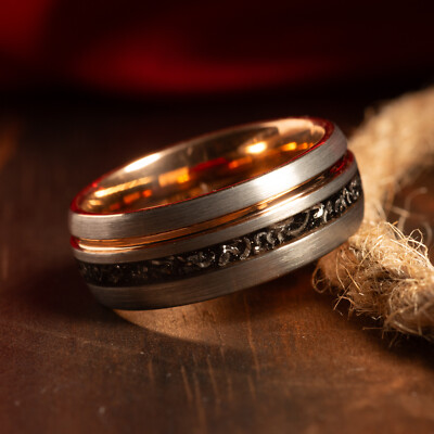 Rose Gold Stripe Ring, Meteorite Wedding Band Comfort Fit