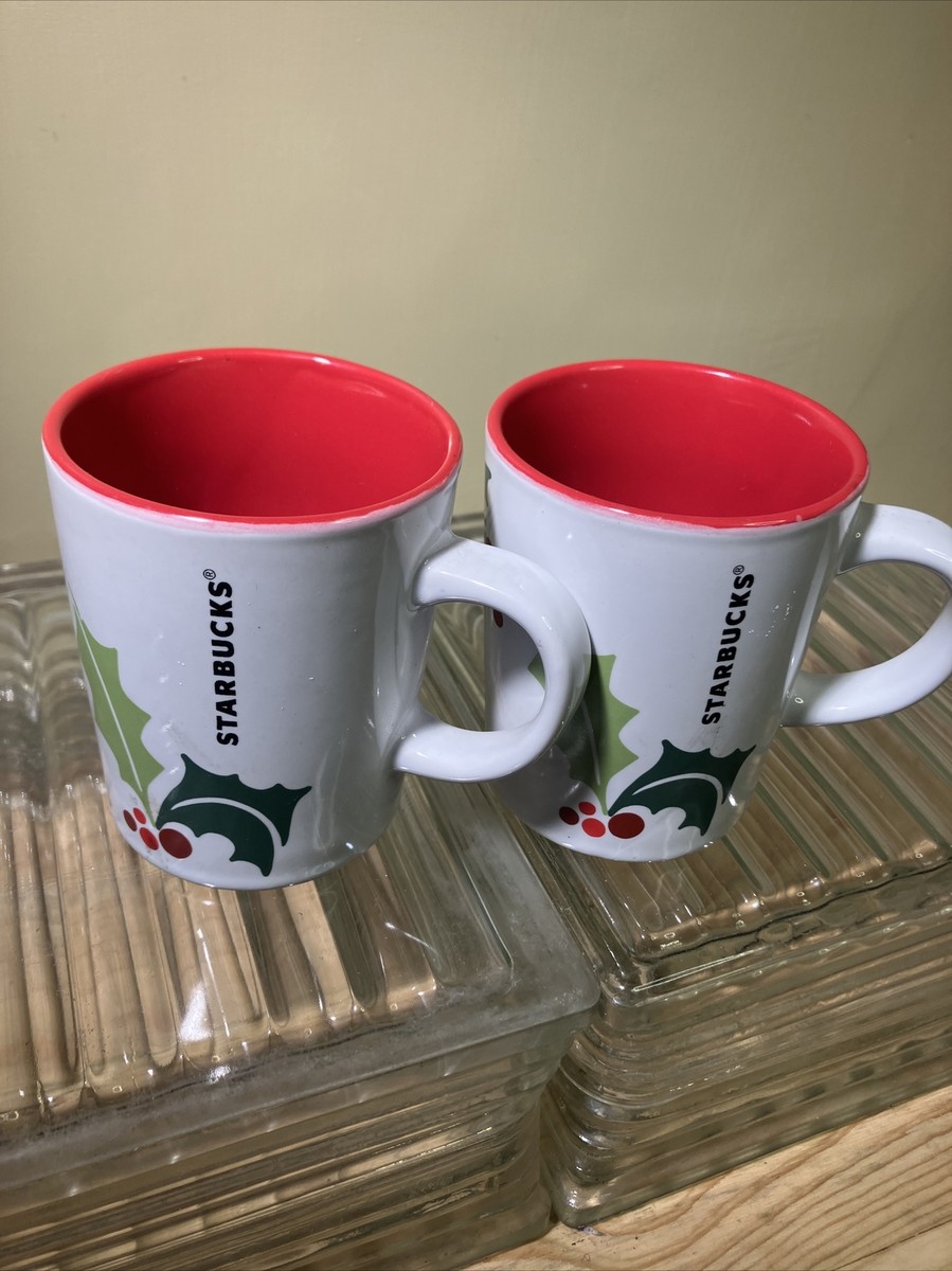 Set Of 2 2011 Starbucks Christmas Holly Leaf and Berry 9 oz Coffee Mug Cups