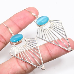 Blue-Cat-039-s-Eye-Gemstone-Handmade-Fashion-Jewelry-Earring-2-2-034-KE-11598
