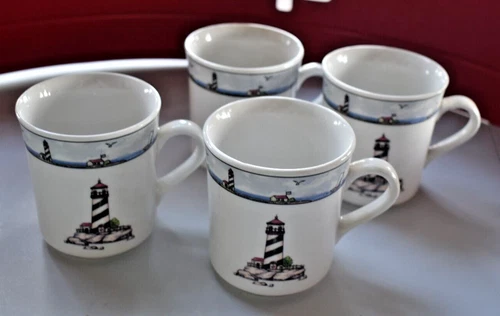 4 ~ Vintage TOTALLY TODAY Coastal Lighthouse Nautical Coffee Mugs Teacup 3.5"H
