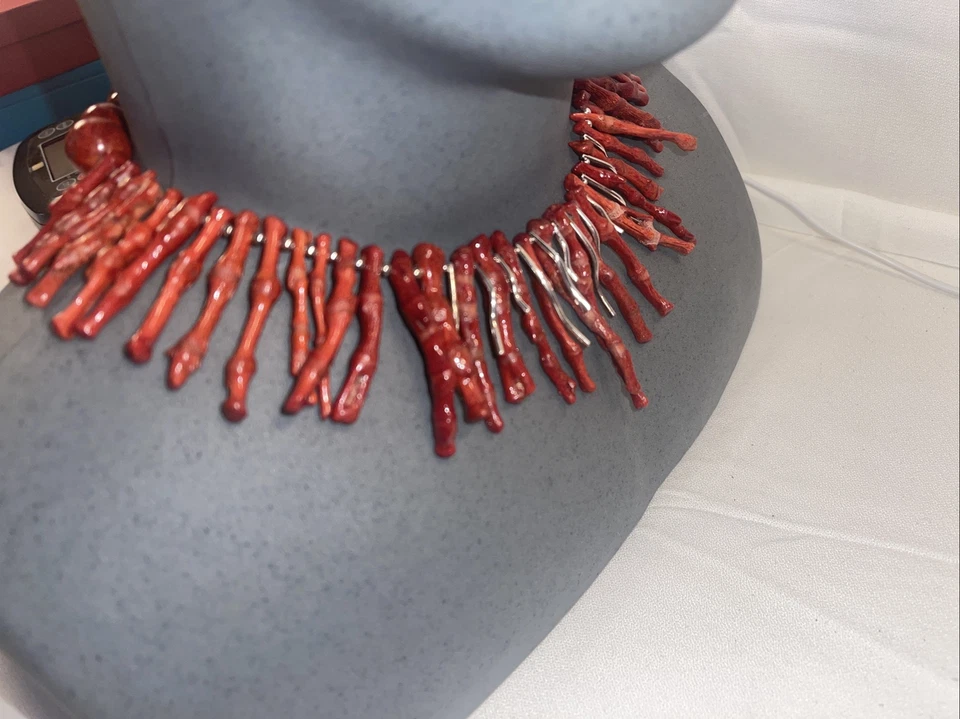 Ожерелье из чистого серебра с красной ветвью коралл подпись AKR богемное стиль Sundance - Изображение 4 из 4