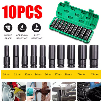 10pc Metric Deep Impact Socket 1/2'' Drive 10mm-24mm 6 Point Sockets w/ Case Set