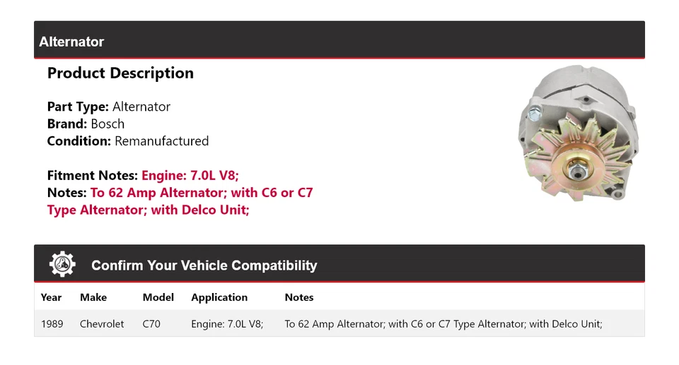 Alternador Bosch Chevrolet C70 1989 7,0 L V8 (remanufacturado) Foto 2 de 4