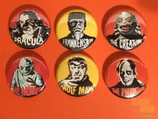 Set of six 1" Universal Monsters pinback buttons pins reproduction B/W version