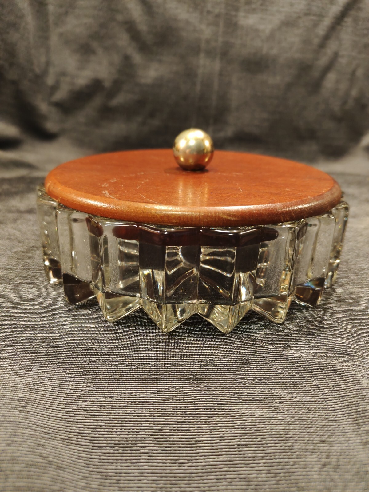 MCM Candy Dish Large Lead Crystal Heavy Wood Lid Brass Knob Stunning Centerpiece