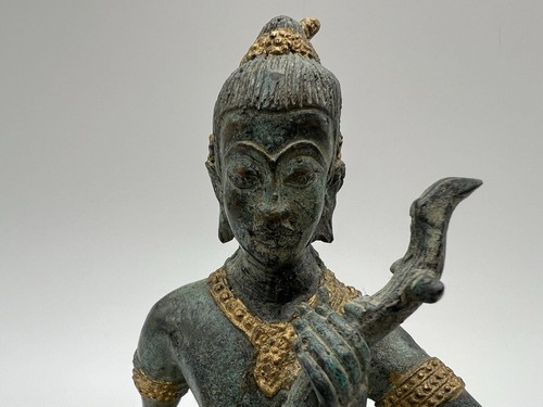 Vintage Bronze Rattanasokin Thai Buddhist Prince Musician Figurine w Lute 5.5" T - Picture 3 of 8