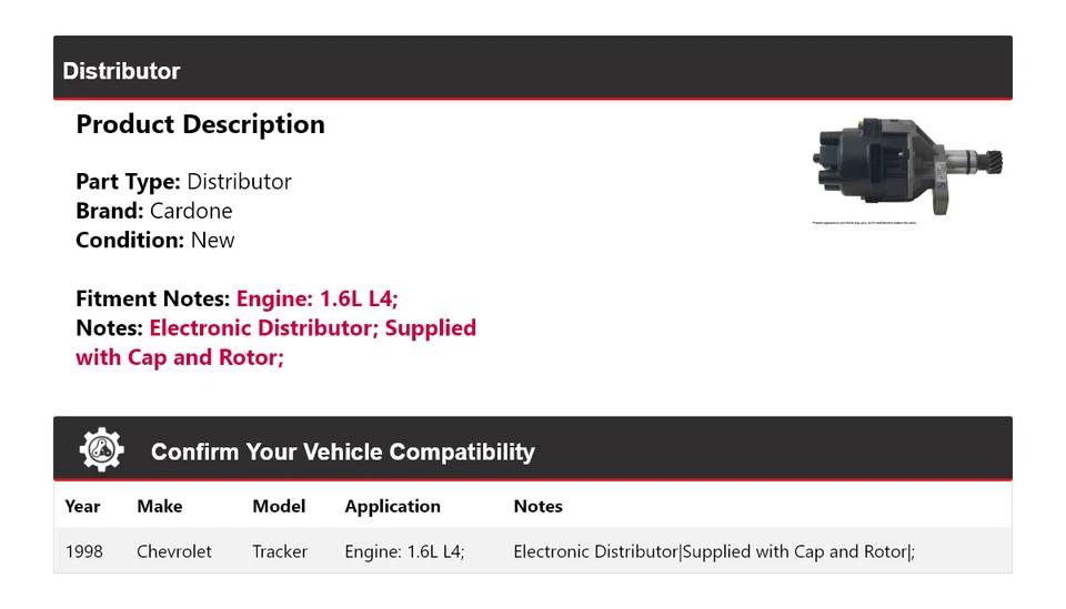 For 1998 Chevrolet Tracker 1.6L L4 Distributor Cardone - Image 2 of 4
