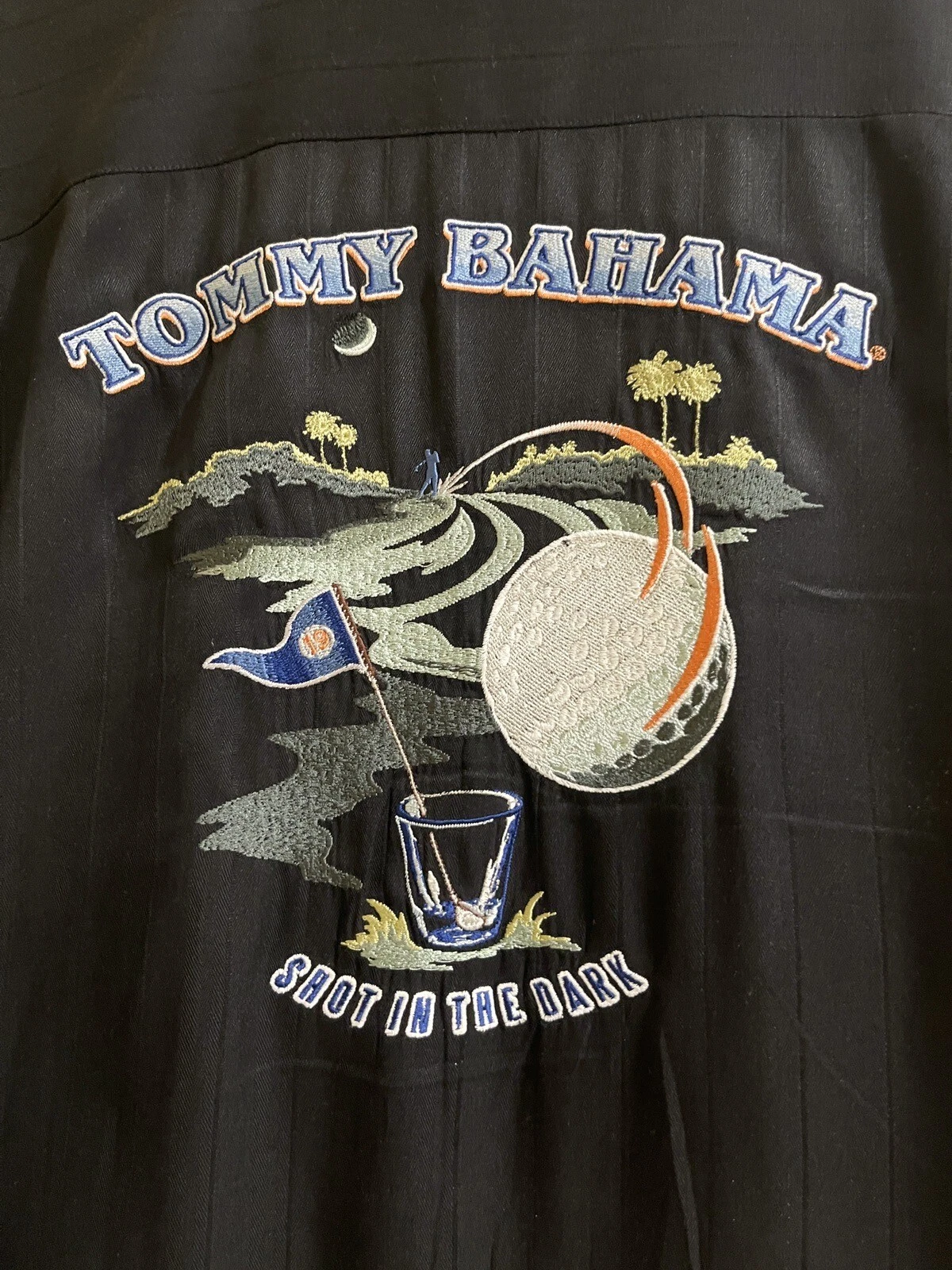 Tommy Bahama Shirt Mens Large Black 100% Silk Embroidered Tropical Palm Beach