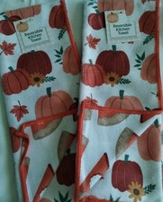 NWT TWO FALL HARVEST ORANGE PUMPKINS LEAVES REVERSIBLE KITCHEN TOWEL DECOR