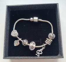 GIfts for Her; Charm Bracelet; Silver Charms; Heart & Snake Beads; New; Gift Box