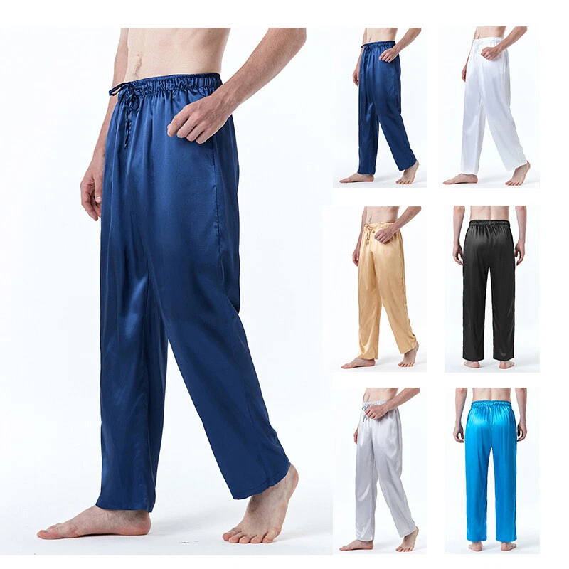 Men Faux Silk Satin Pajama Pants Trousers Long Sleep Bottoms Elastic Waist