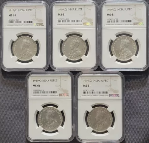 Lot (5) 1919 C British India Silver Rupee NGC MS61 Made of Melted Morgan Dollars