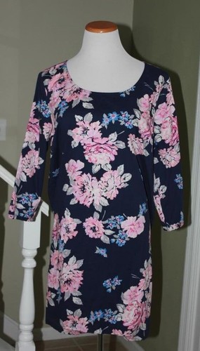 EUC Old Navy Blue Pink Rose Floral Cotton 3/4 Sleeve Sheath Dress L - Picture 2 of 7
