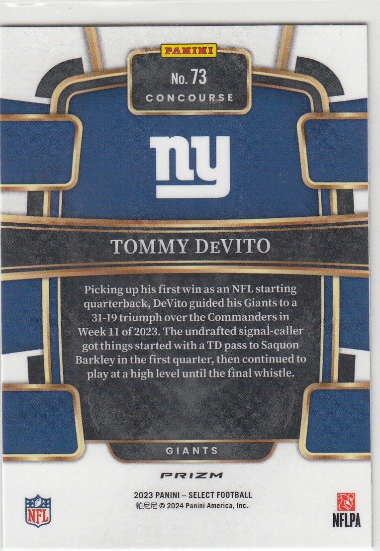 2023 Panini Select Parallel Holo Silver TOMMY DEVITO RC #73 Giants