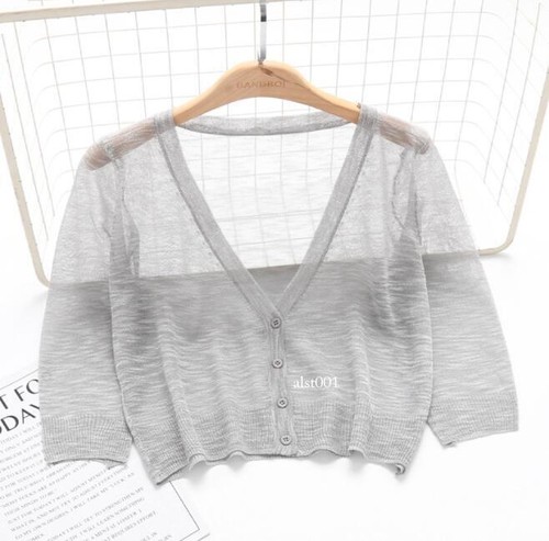 Women Sweater Shrug Crop Top Coat 3/4 Sleeve Knit Cardigan Button Down Sheer - Picture 14 of 31