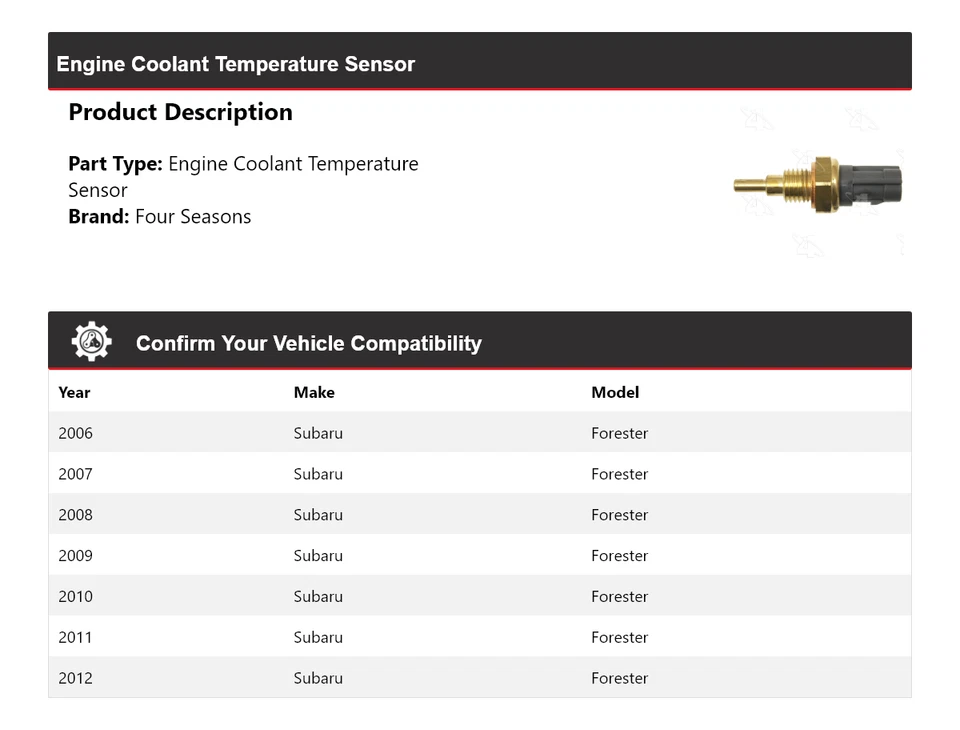 For 2006-2012 Subaru Forester Engine Coolant Temperature Sensor 4 Seasons 2007 - Image 2 of 4