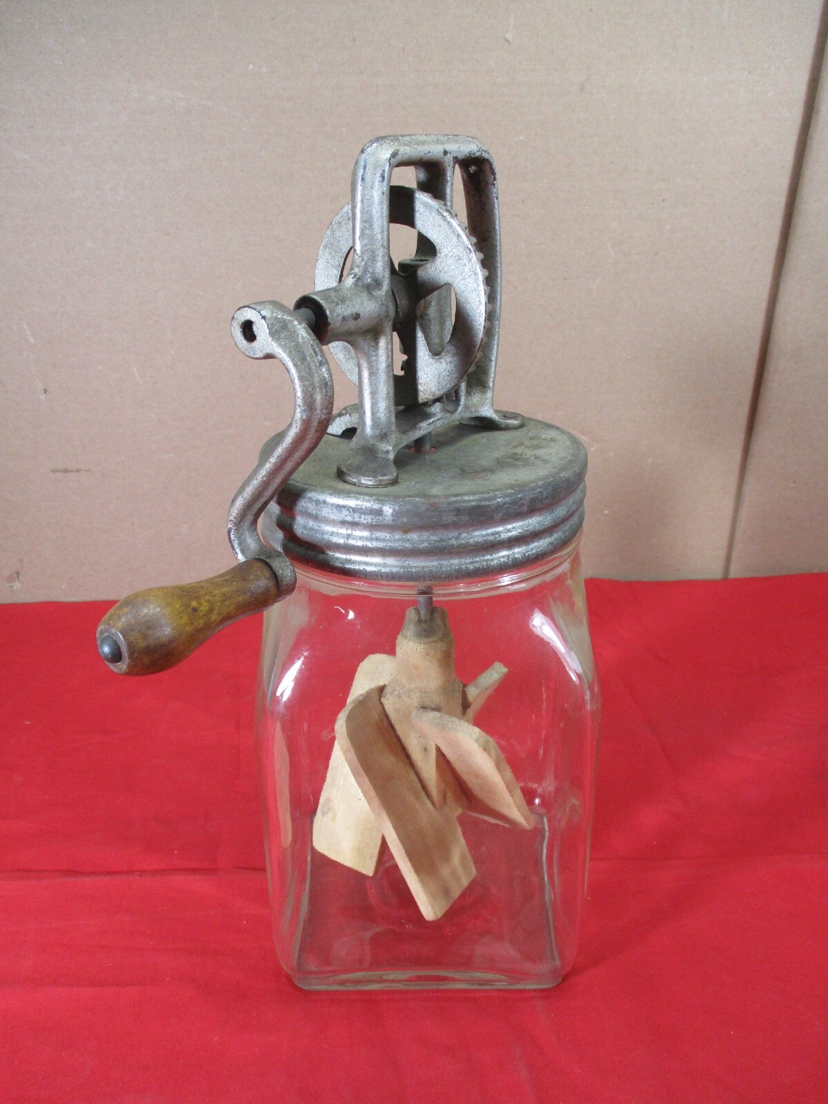 Antique 2 QT Glass Jar Butter Churn Mixer Metal Gears Wooden Paddles