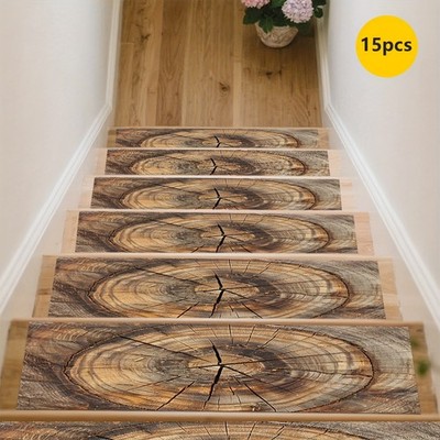 Rubber Anti-Slip Stair Treads, 15pcs Set, Brown-Yellow Textured Pattern, Non-S