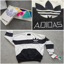 Vintage 80s 90s Adidas Sweatshirt DEADSTOCK Black White Striped Trefoil Oversize