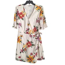 NWT Old Navy Womens Floral Wrap Mini Dress Bell Sleeve White Tropical L Vacation