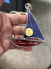 Stained Glass Sailboat Suncatcher Made on Cape Cod Red Blue Gold Nautical