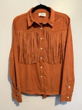 Shyanne Women's Faux Suede Fringe Button Up Long Sleeve Western Top Size Medium