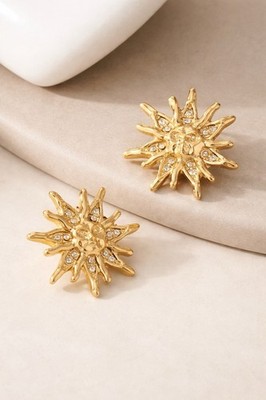 Anthropologie Sun Earrings Celestial Gold Boho Stud CZ Crystal Molten Statement