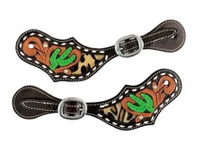 Showman Ladies Leather Spur Straps w/ Cactus  Hair-On Cheetah Inlay