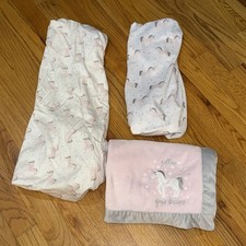 Lot Of 3 NOJO Pink Gray Unicorn Star Fitted Crib Sheet, Changing Pad Blanket