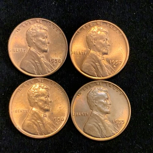 UNC BU Lincoln Wheat Cent Lot - 1955 D - 1956 D - 1957D - 1958 D - Wheat Pennies