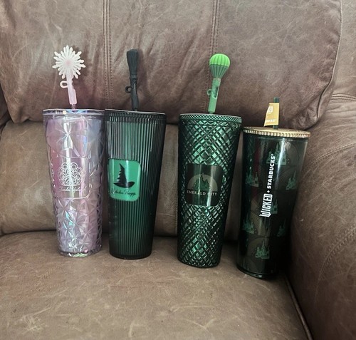 New Starbucks Wicked Tumblers Glinda,Elphaba,Emerald City Glow In Dark, Gold Top - Picture 2 of 4