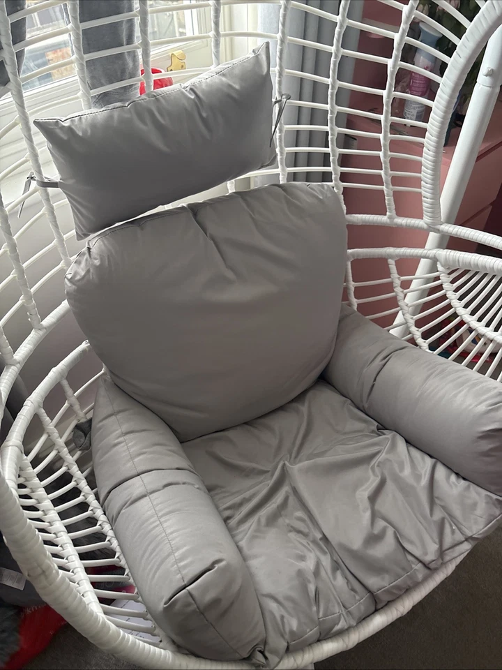White Egg Chair with Hanging Cushions, Grey - Image 1 of 3