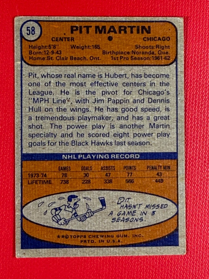 1974-75 Topps - Pit Martin #58 - Image 2 of 2
