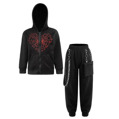 Kids Boys Girls Hooded Top With Trousers Stage Dance Outfits Long Sleeve Modern - Picture 20 of 51