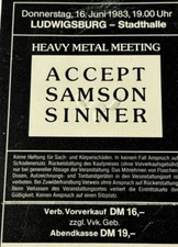 ACCEPT Samson Sinner Concert Ticket HEAVY METAL MUSIC Germany 1983