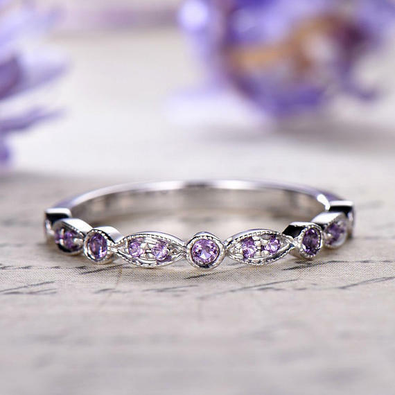 Natural Purple Amethyst Half Eternity Wedding Band in 925 Sterling Silver-image