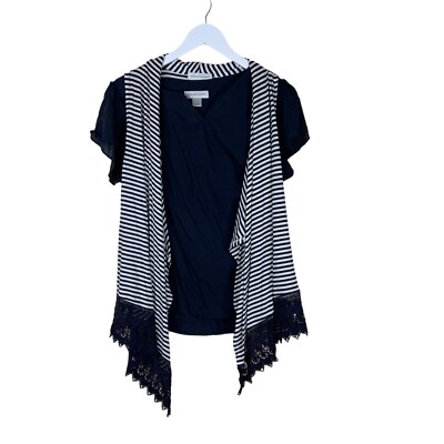 Christopher & Banks Womens Shirt And Vest 2PC Navy White Flutter Sleeves Lace