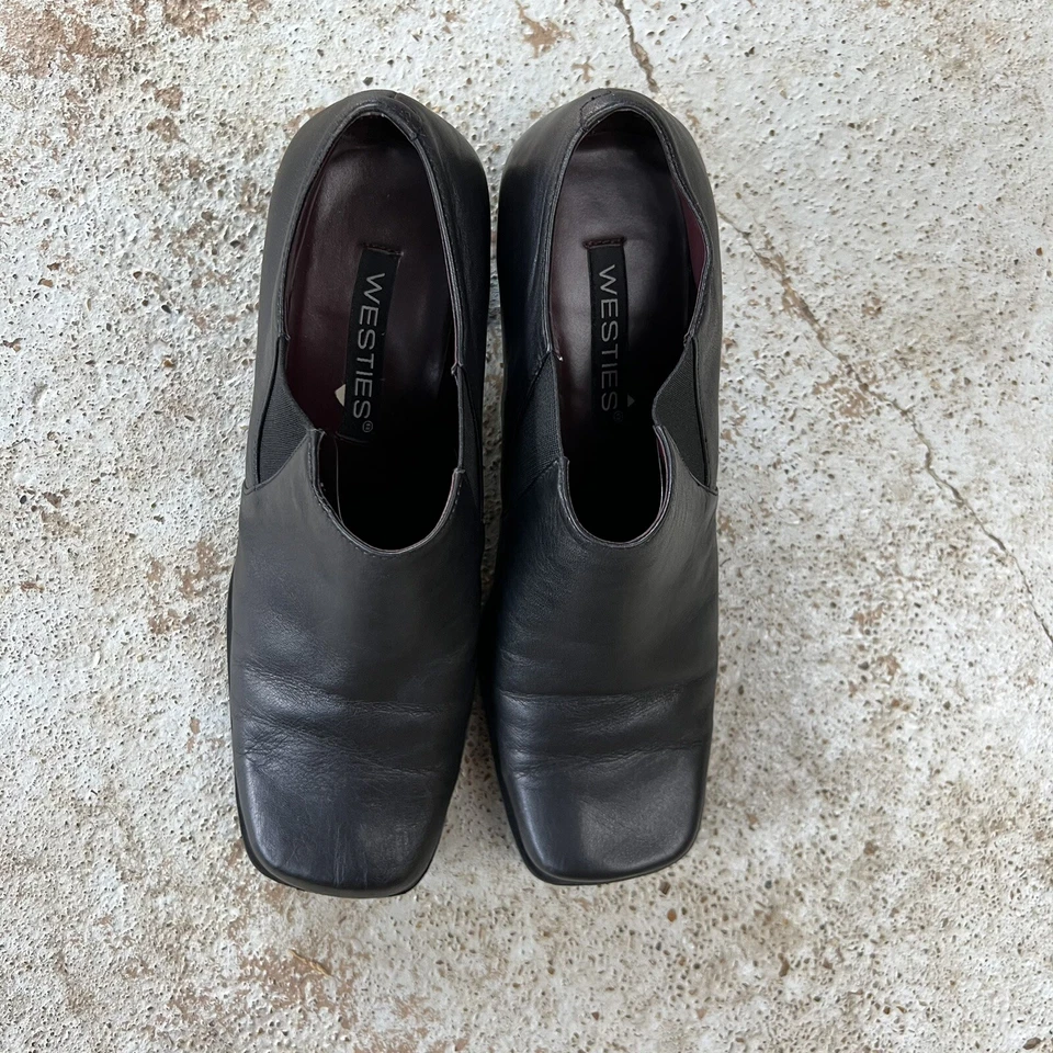 复古 90 年代皮革方头短靴女式 8.5 W Blk 粗跟垃圾 Y2K 码 — 第 3/4 张图片