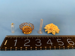 Antique German Dollhouse MINIATURE LOT Ormolu metal basket dish, glass vase MO